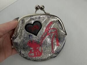 Y2K Coin Purse Fluff Silver Sparkle 2 Sided Kisslock Handbag Shoes Embroidered